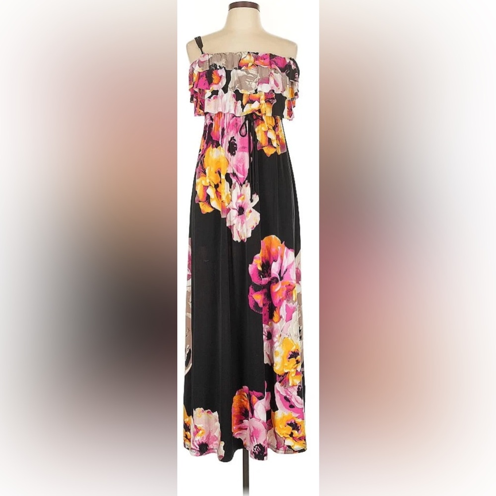 Style & Co woman’s plus size 1x black floral maxi dress euc straps strapless